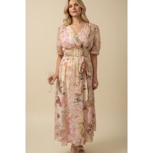 Dazy Floral Wrap Maxi Dress Size Small Pink Cottagecore Puff Sleeve V-Neck
